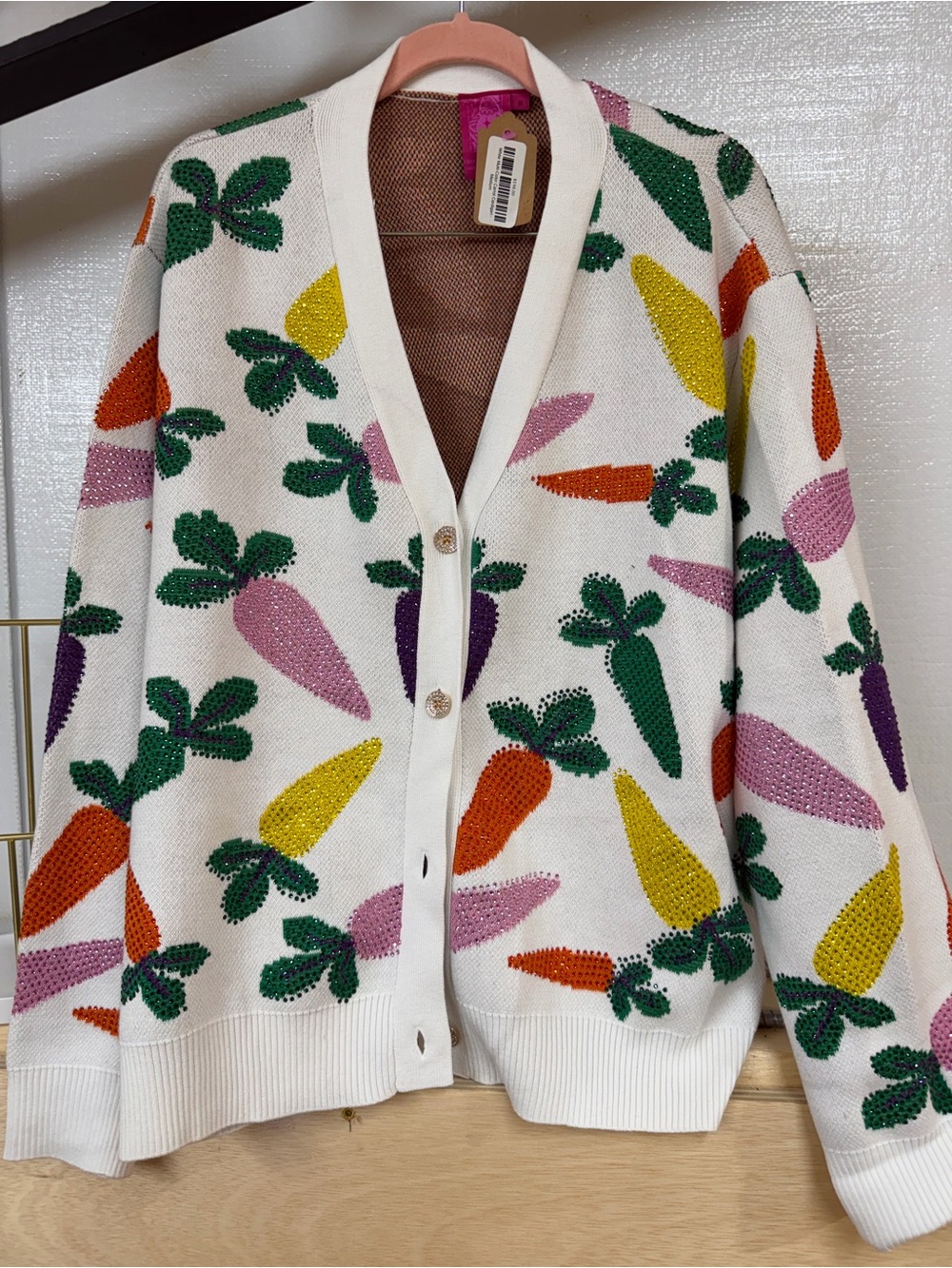 QUEEN OF SPARKLES Cream Cardigan with Multicolor Carrots